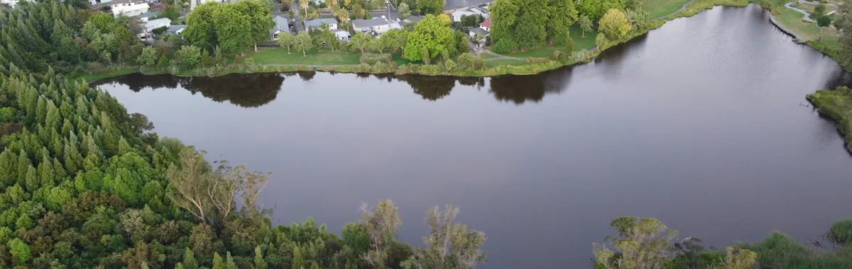 Scenic aerial shot of a tranquil lake surrounded by lush greenery and cityscape in Hamilton, New Zealand.