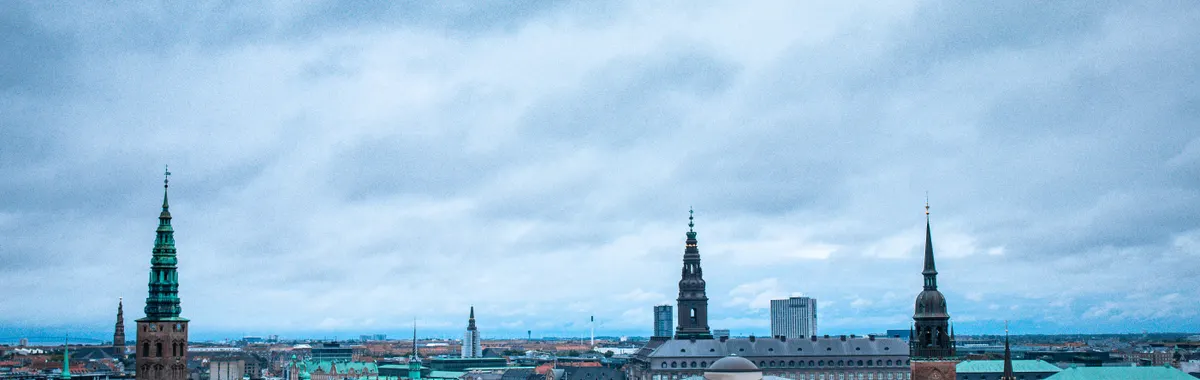 Wide-angle view of Copenhagen's historic architecture and skyline under overcast skies. Ideal for urban exploration themes.