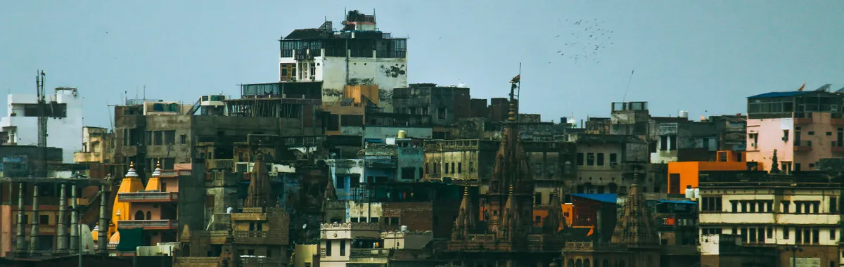 Explore the vibrant, dense urban skyline of Ramnagar, showcasing unique architectural styles in India.