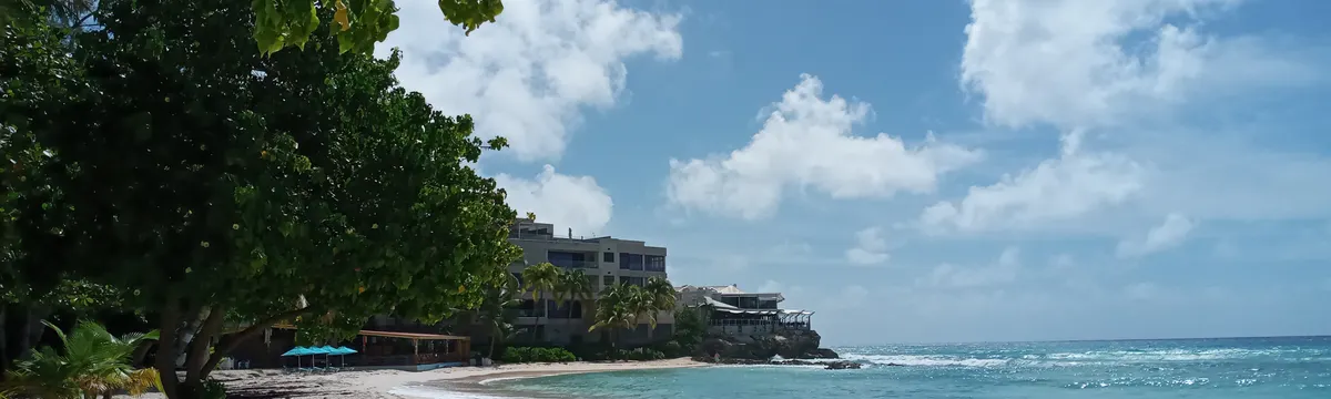 ברבדוס: Idyllic beach scene in Bridgetown, Barbados with clear skies and turquoise sea.