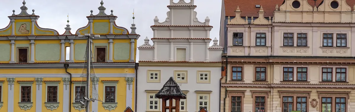 Charming Renaissance streetscape at market square in Pilsen, Czechia.