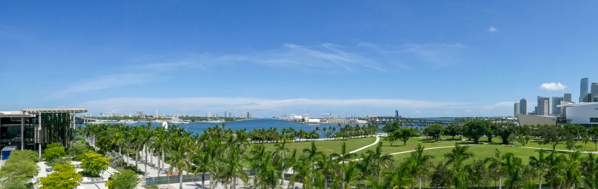 Discover the vibrant Miami skyline overlooking lush green parks and clear blue skies.