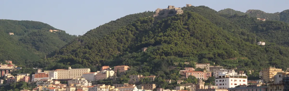 Panoramic view of Salerno's coastal cityscape flanked by lush green hills under a clear sky.