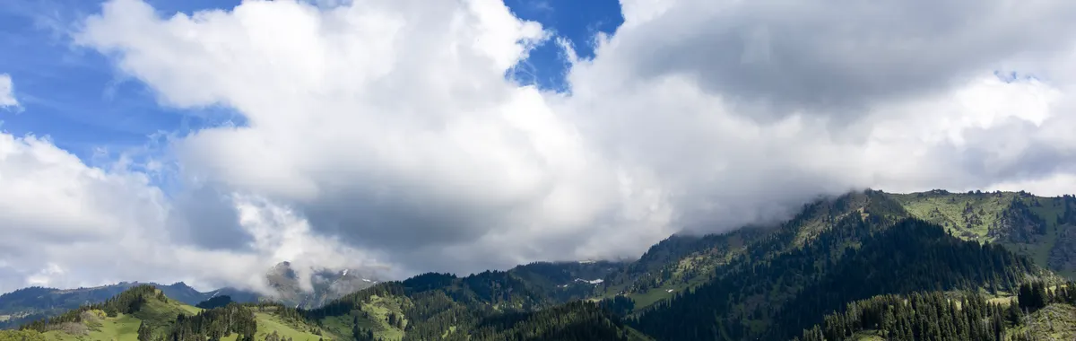 קזחסטן: Breathtaking aerial view of lush green mountains under a bright blue sky in Almaty, Kazakhstan.