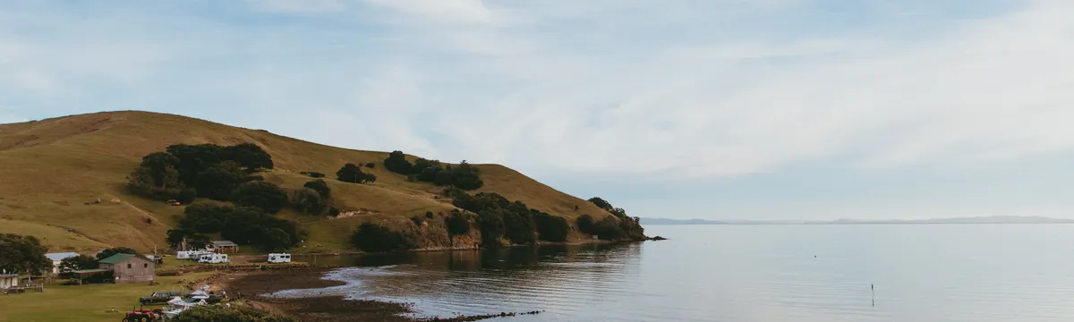 ניו זילנד: Tranquil coastal landscape at Kereta, Waikato, New Zealand. Rolling hills meet the serene ocean shore under a blue sky.