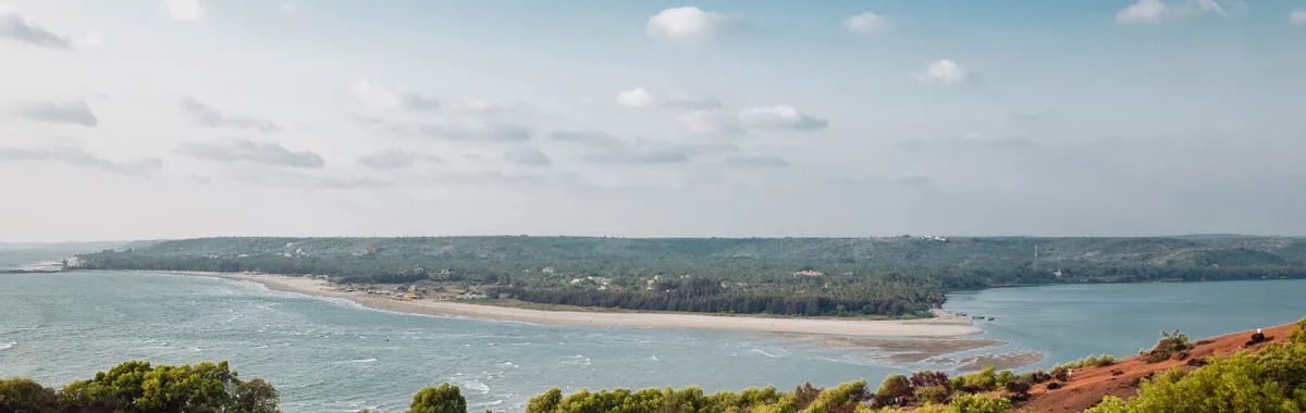 הודו: A picturesque view of Mandrem Beach with lush greenery and blue sky in Goa, India.