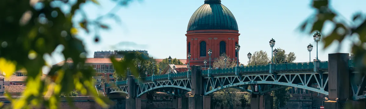 סנט פייר ומיקלון: Scenic view of Pont Saint-Pierre and red dome in Toulouse, France framed by leaves.
