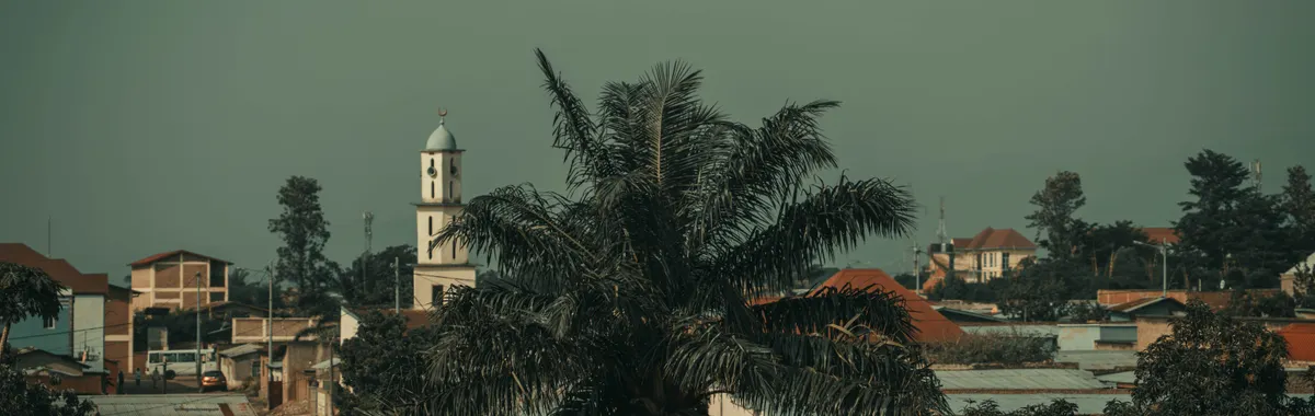 Scenic view of Bujumbura cityscape featuring a prominent church tower and palm tree.