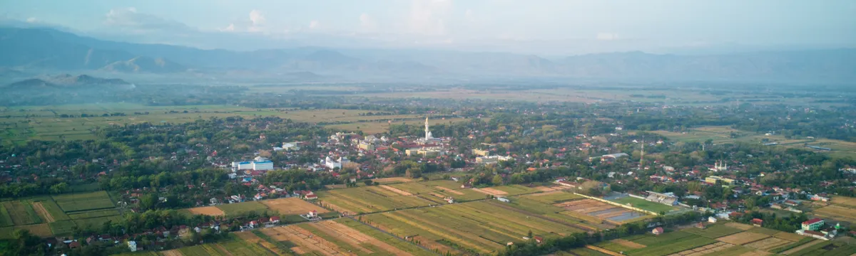 אינדונזיה: Scenic aerial view of lush green fields and village in Indonesia, with mountains in the background.