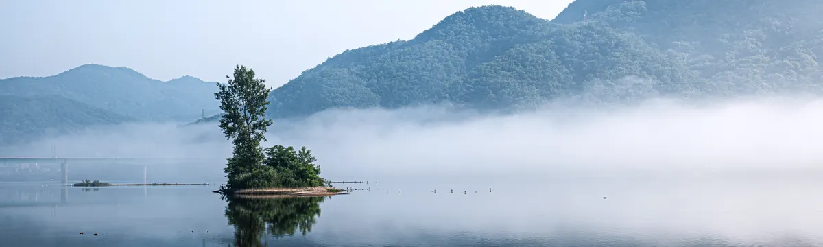 קוריאה הדרומית: Serene island reflection in a misty lake with mountains, captured in Gapyeong, South Korea.