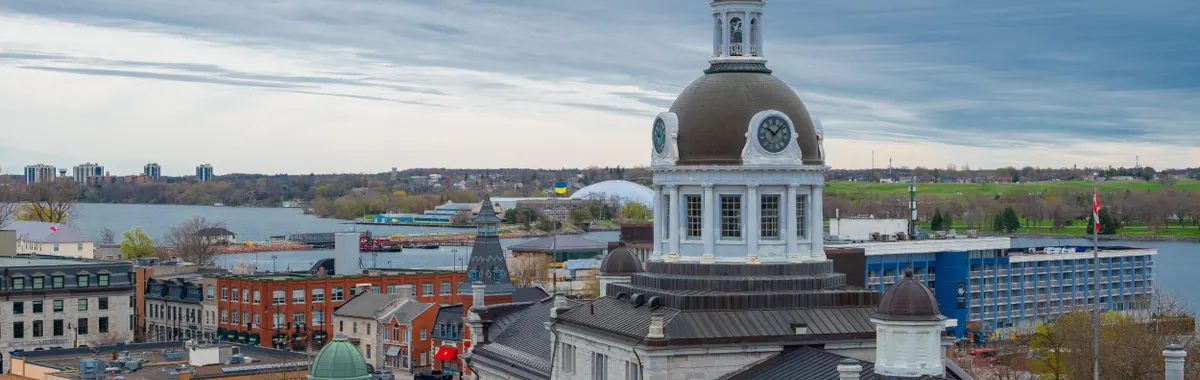 Scenic view of the historic Kingston City Hall and waterfront in Ontario, Canada.