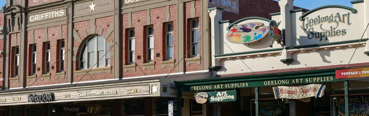 A picturesque view of Griffiths Book Store and Geelong Art Supplies in Geelong, Australia.