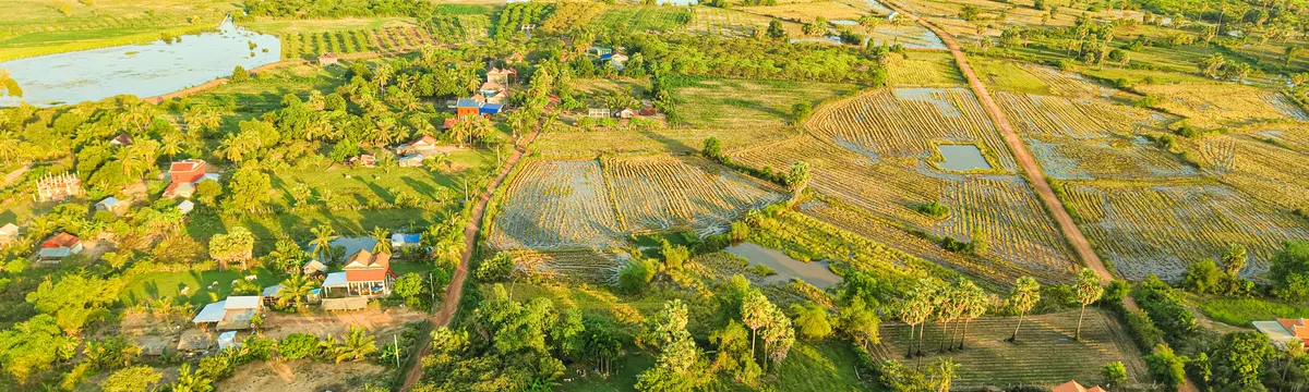 קמבודיה: A stunning aerial view of Cambodia's lush countryside landscapes, featuring rice paddies and farmland.