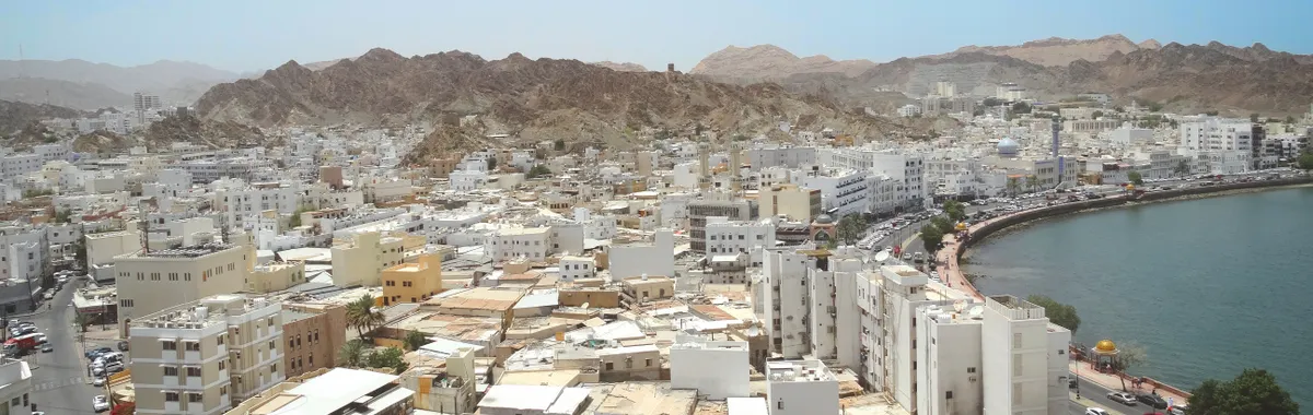 Aerial shot of Muscat's skyline with coastal view and mountains. Ideal for travel and geography content.