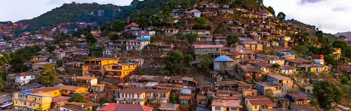 A vibrant aerial view of Mount Aureol and its colorful houses in Freetown, Sierra Leone.