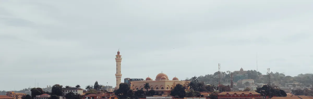 Scenic aerial view of Kampala with a beautiful mosque and urban landscape.