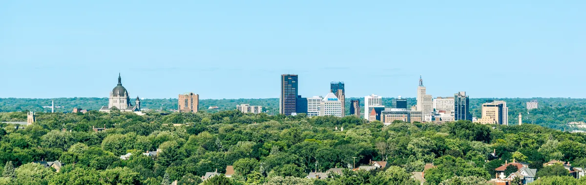 A panoramic view of Saint Paul's skyline standing behind a vast area of lush greenery under a clear blue sky.