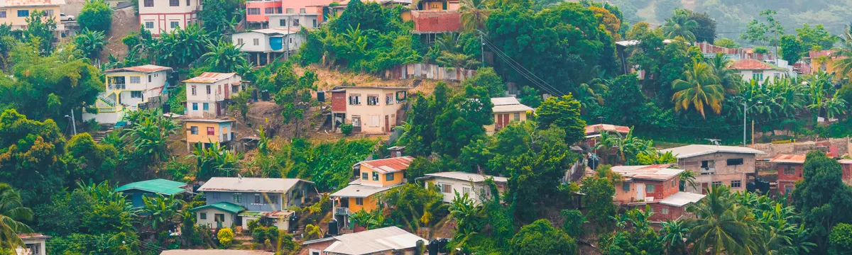 טרינידד וטובגו: A vibrant hillside neighborhood in Port of Spain, Trinidad and Tobago, surrounded by lush greenery.